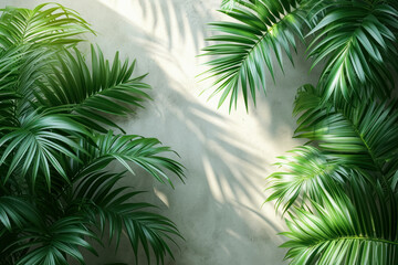 Wall Mural - palm leaves on the background of an old wall with space for a concept for Palm Sunday, warm sunshine idea for background or space decoration