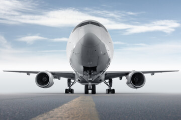 Front view of wide body passenger airplane isolated on bright background with sky