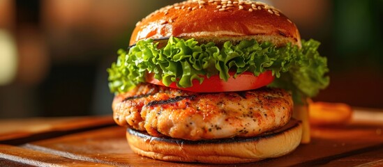 Canvas Print - Lettuce and tomato accompany the chicken burger.