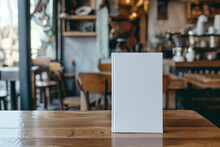 Blank book cover template standing on wooden surface against blurred background. Front view of magazine mockup