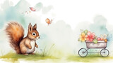 Fototapeta Dziecięca - copy space, birthday card in watercolor style, pastel colors, sweet pram in some grass with a bird and squirrel sitting on it. Cute birth announcement card. Template voor birth cards, cute baby announ