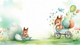 Fototapeta Dziecięca - copy space, birthday card in watercolor style, pastel colors, sweet pram in some grass with a bird and squirrel sitting on it. Cute birth announcement card. Template voor birth cards, cute baby announ