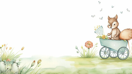 copy space, birthday card in watercolor style, pastel colors, sweet pram in some grass with a bird a