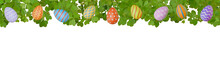 Easter Banner Border Made Of Eggs And Clover Leaves. 3d Rendering