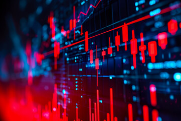 Poster - candlestick stock chart with a red background and a blue line.
