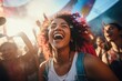 Person enjoying an outdoor concert. Person dancing at a music festival.