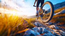 Cyclist Rides A Mountain Bike On A Rocky Path At Sunset With Golden Light Shining Through The Grass