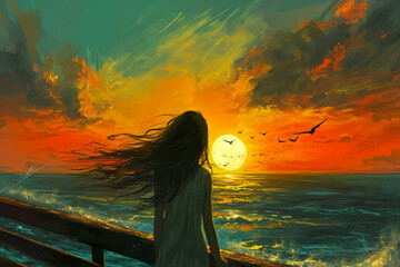 Wall Mural - girl standing on a pier, watching the sunset, with her hair blowing in the wind.