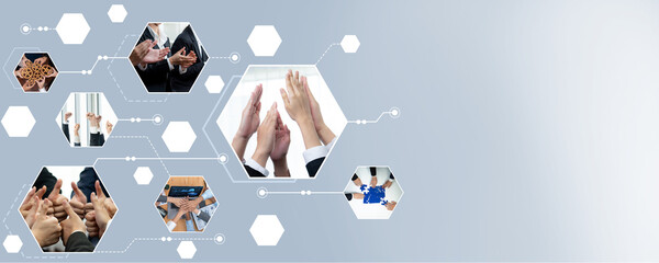 Wall Mural - Teamwork and human resources HR management technology concept in corporate business with people group networking to support partnership, trust, teamwork and unity of coworkers in office kudos