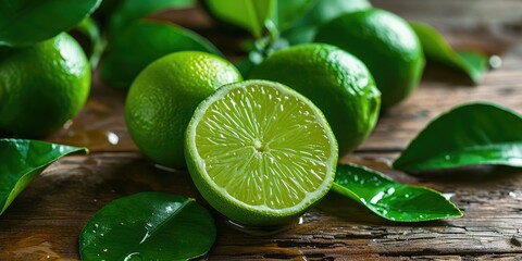 Wall Mural - Fresh lime with leaves on wooden kitchen background