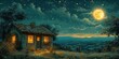 Illustration night blue and teal idyllic rural scenes 
with a house