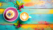 Kaffee und Kuchen auf einem Holztisch angerichtet in bunten Farben 
