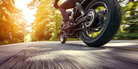 Modern motorbike tire on a coastline road driving