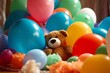 Many vibrant balloons and a cuddly toy. Generative AI