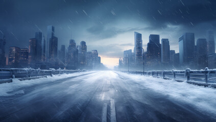 A snowy street with parked cars, snow blowing outside, Snow storm in the city. a winter snow covered road in a city, concept of traffic safety on a slippery road