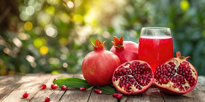 Pomegranates and a glass of juice on a wooden table