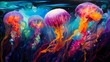 Oil is used to abstract the colors of underwater jellyfish.