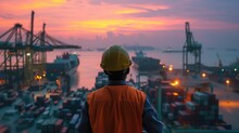 Backview Of An Engineer In Orange Safety Vest And Hard Hat At Busy Port Full With Ships And Containers At Sunset Or Dawn