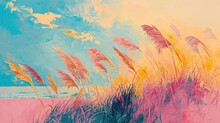 Vintage, Wind Greases Painting With Tall Grasses Field