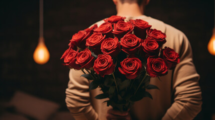 
man holding bouquet of red roses behind his back. boyfriend surprise girlfriend with flower in valentine's day. celebrate anniversary, love & relationship concept , Generate AI