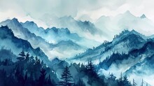 A Watercolor Landscape Of Serene Mountains, Inspired By The Chinese Style Of Classical Traditional Ink Painting.