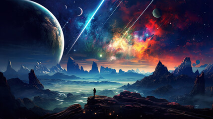 Wall Mural - colorful illustration of astronaut in space suit and helmet exploring alien planet with mountains and stars and moons on night sky, astronomy concept 