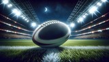 Fototapeta Sport - A close-up view of a rugby ball on a wet field with stadium lights and goalposts in the background, under a rainy evening sky.
