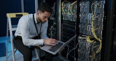 Canvas Print - Technician, server room and computer with cables connection for system maintenance, hardware or software backup. Man or programmer typing on laptop for engineering, repair and coding in a data center