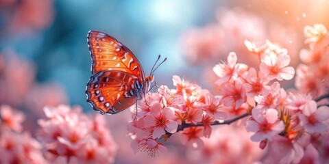 Wall Mural - The charm of spring: a butterfly flutters gracefully among the cherry blossoms, depicting the beauty of nature in the mild sunny season.