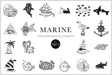 Marine elements collection, sea drawings, ocean, illustrations, doodles, tattoo, handdrawn, set, pack