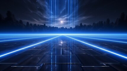 A wet field rendering reflects three blue neon lines that illuminate the space.