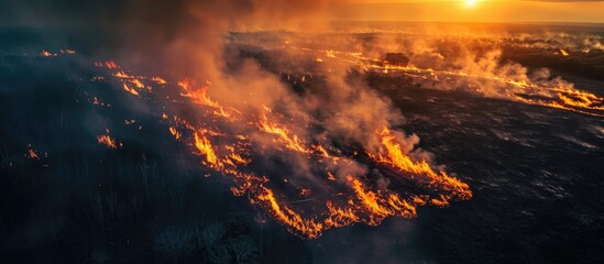 Wall Mural - Aerial view of nature ablaze with wildfire during the dry season.