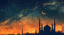 Arabic Fairy Tales 1001 Night. Мosque, Islamic Holiday Banner, For Ramadan,  Crescent Moon On Background
