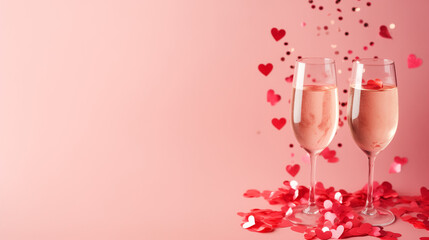 two glasses of champagne on red background