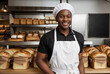 Black male baker in white hat and apron on background of shelves with freshly baked bread and rolls in bakery store. Happy smiling baker sells his products. Copy space. Mock-up.