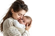 © somsuda - Portrait of mom holding baby with her arms isolated on transparent png background, love moment, newborn sleeping tenderly in arms, cute little infant.