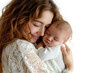 © somsuda - Portrait of mom holding baby with her arms isolated on transparent png background, love moment, newborn sleeping tenderly in arms, cute little infant.