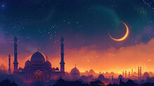 Arabic Fairy Tales. Мosque At Night, Islamic Holiday Banner, For Ramadan,  Crescent Moon On Background
