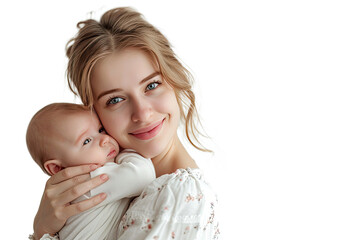 portrait of mom holding baby with her arms isolated on transparent png background, love moment, newb
