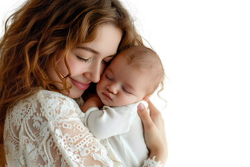 Portrait of mom holding baby with her arms isolated on transparent png background, love moment, newborn sleeping tenderly in arms, cute little infant.