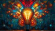 Stained glass window background with colorful Light bulb abstract.	