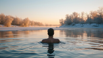 Wall Mural - A young man is swimming in a winter lake in the morning. A man takes care of his health
