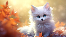 Beautiful White Kitten In A Fairyland. Fantasy Style.