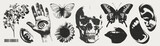 Fototapeta  - Trendy elements with a retro photocopy effect. y2k elements for design. Skull, flowers, butterflies, hand, mouth, eye, lips, ear.