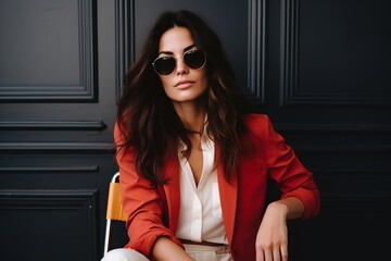 Wall Mural - Portrait of a beautiful young brunette woman in a red jacket and sunglasses.