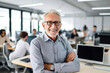 © valiantsin - Senior CEO, manager portrait on blurred office, company background. Elderly man employee