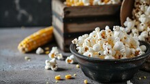 Close-up Of A Corn Cob In A Box And A Dish Of Popcorn On A Gray Table.