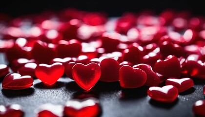 Wall Mural - Valentine's themed display of heart candies and red confetti on a sleek black surface