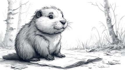 Canvas Print -  a black and white drawing of a groundhog sitting on a book in the middle of a forest, with trees in the background, and snow on the ground.