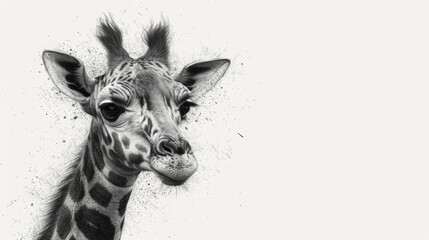 Canvas Print -  a black and white photo of a giraffe's head with a lot of dirt on the side of it's face and a white wall behind it.